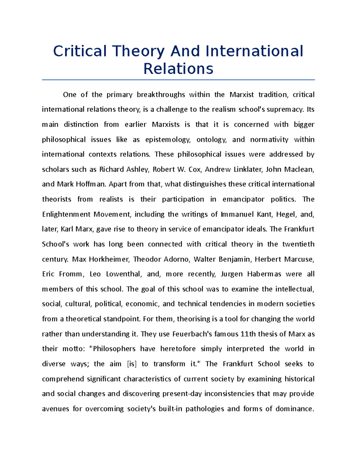 Critical Theory And International Relations - Its main distinction from ...