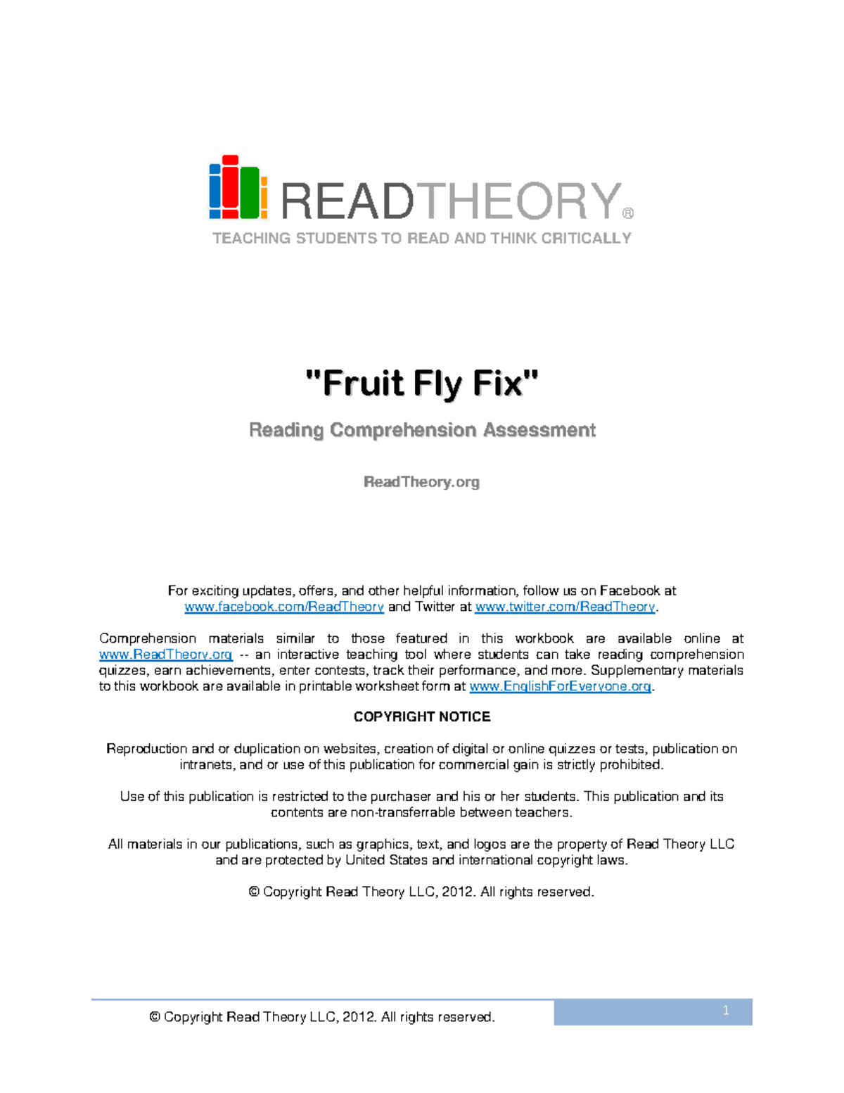 Fruit Fly Fix Reading Comprehension guide READTHEORY® TEACHING