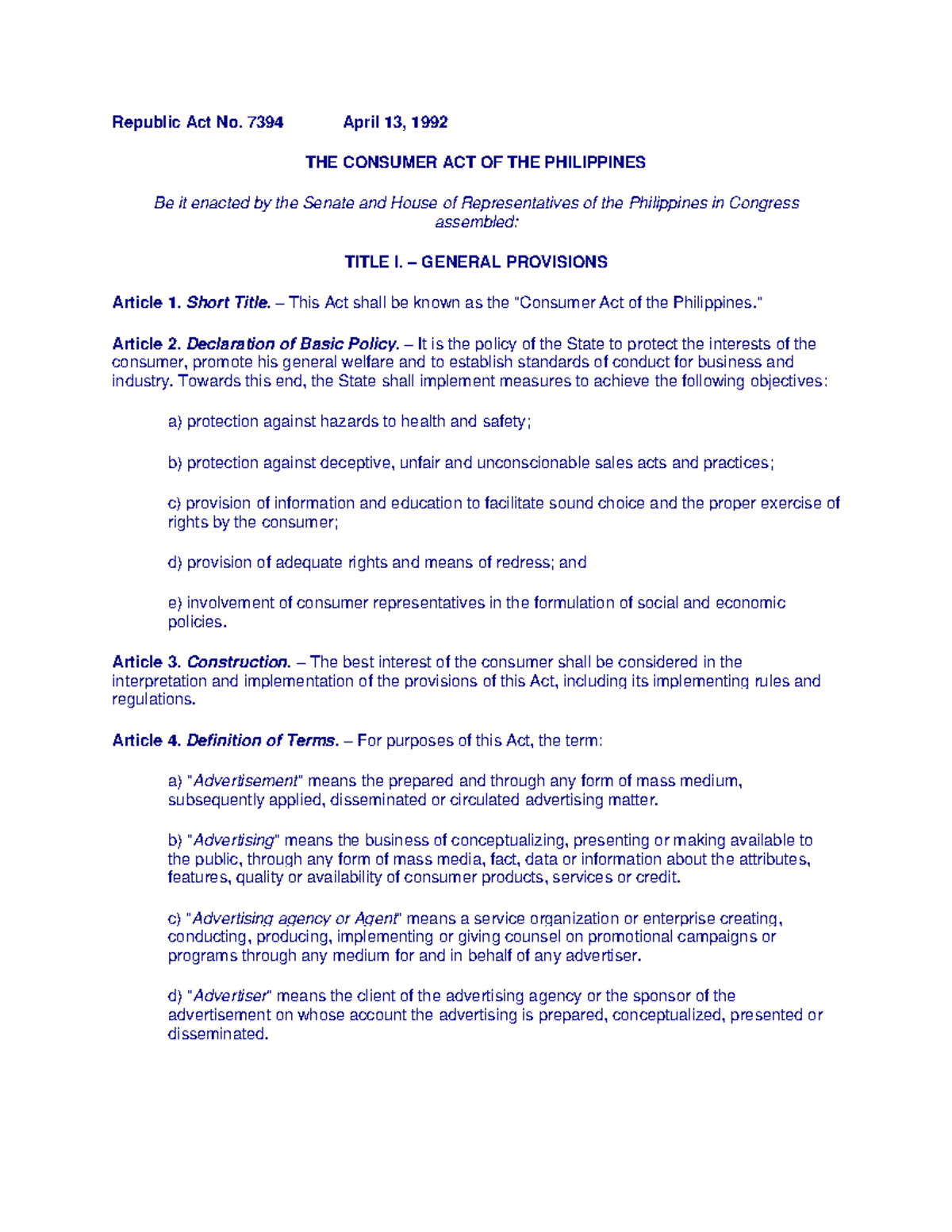 Republic-Act-No - Law - Republic Act No. 7394 April 13, 1992 THE ...