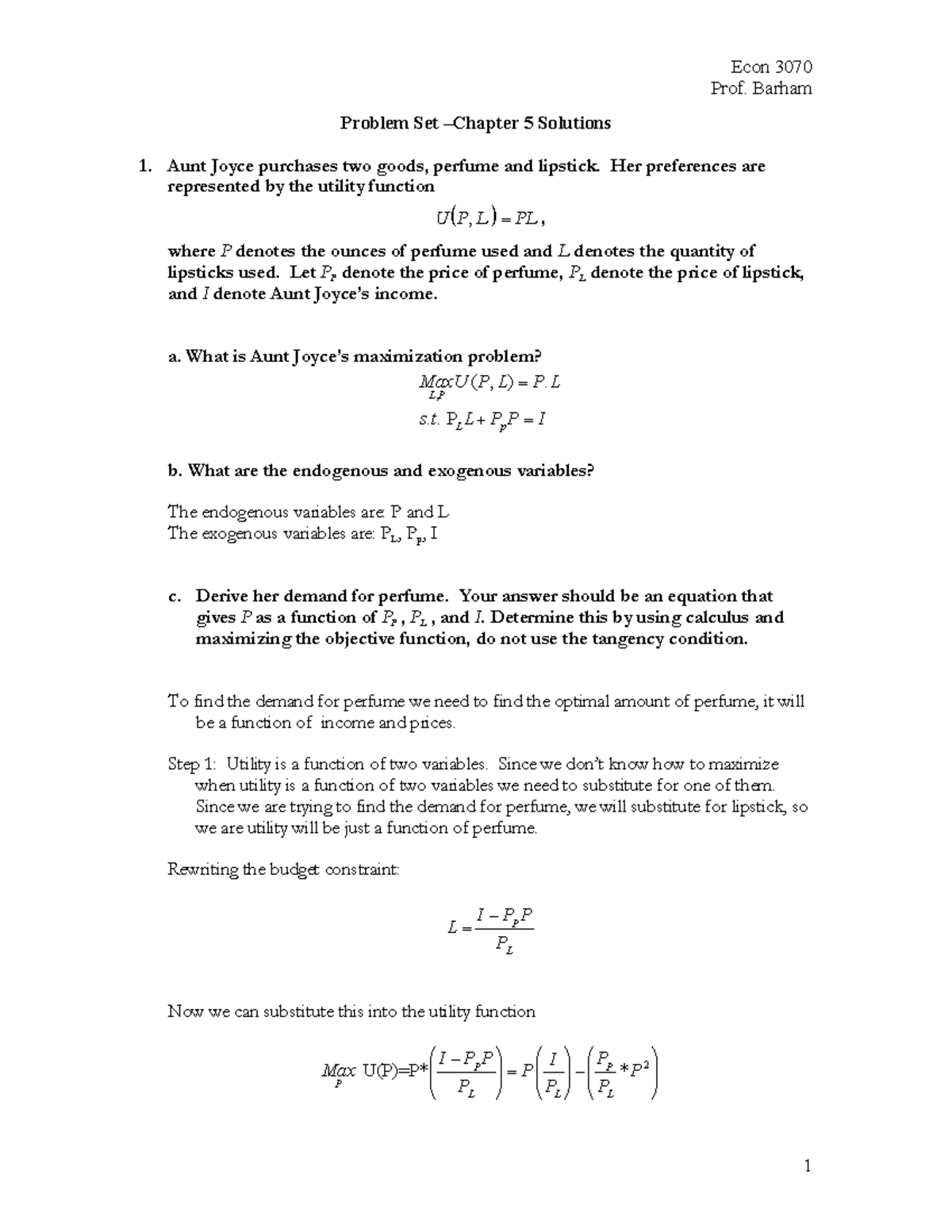 3070 PSet-ch5 Solutions - Econ 3070 Prof. Barham Problem Set 5 ...