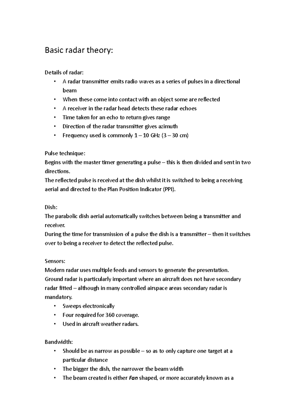 Basic radar theory notes for the subject Basic radar theory