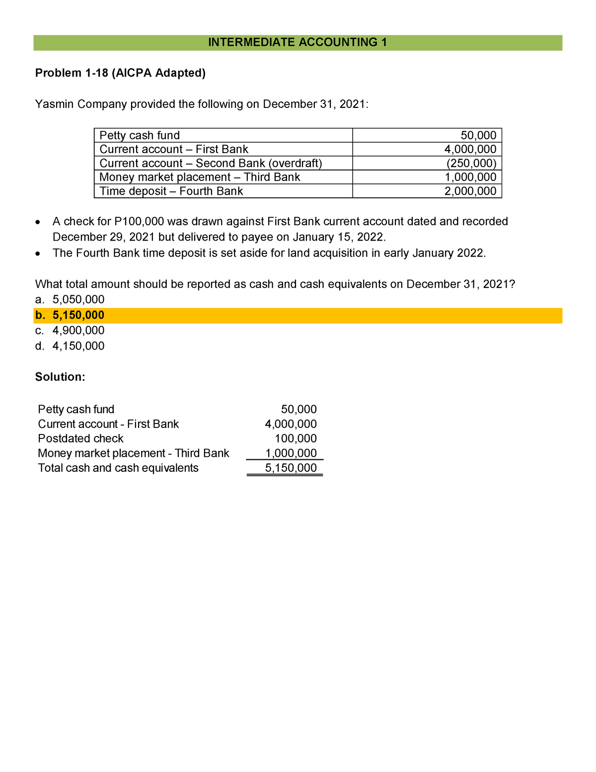 Intacc 1 Chapter 1 Problem 1-18 Answer - INTERMEDIATE ACCOUNTING 1 Problem 1-18 (AICPA Adapted ...