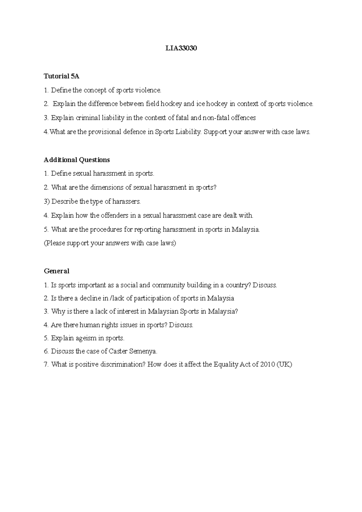 Multimedia University Tutorial 5A Sports Law MMU LIA Tutorial 5A Define the concept of sports