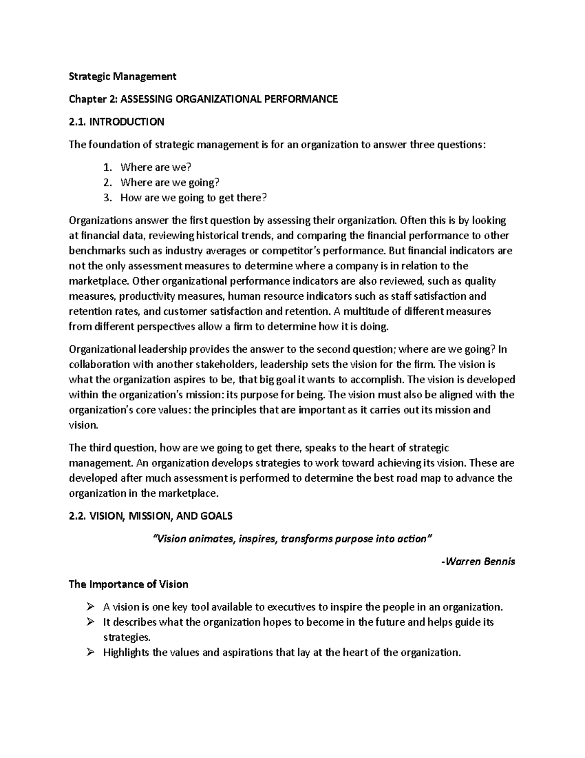 Strategic Management Chapter 2 ASSESSING ORGANIZATIONAL PERFORMANCE