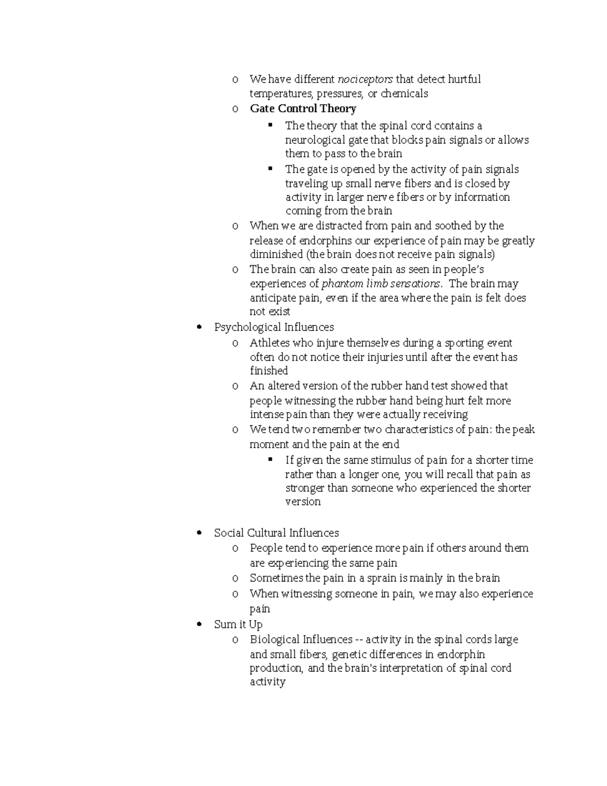 Psy1101 Course Notes -11 - O We Have Different Nociceptors That Detect ...