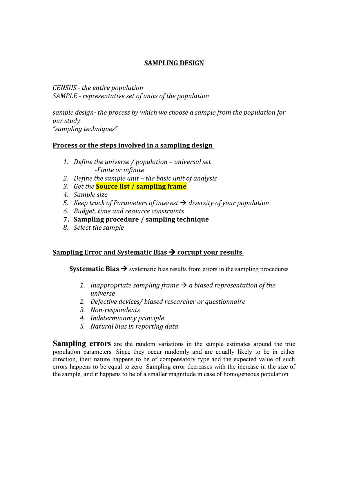 Sampling Design Sampling Design Census The Entire Population Sample Representative Set Of Studocu