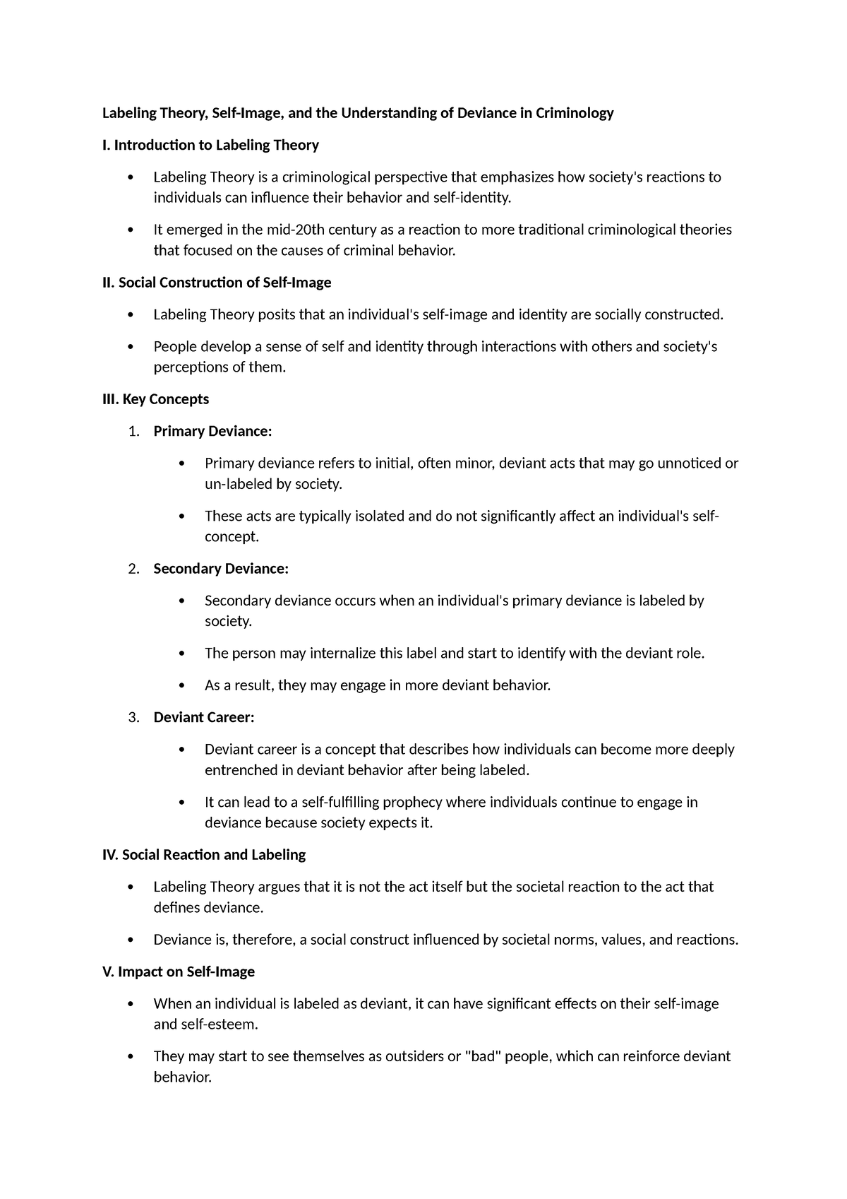 Labelling Theory - Crimonology Notes - Labeling Theory, Self-image, And 