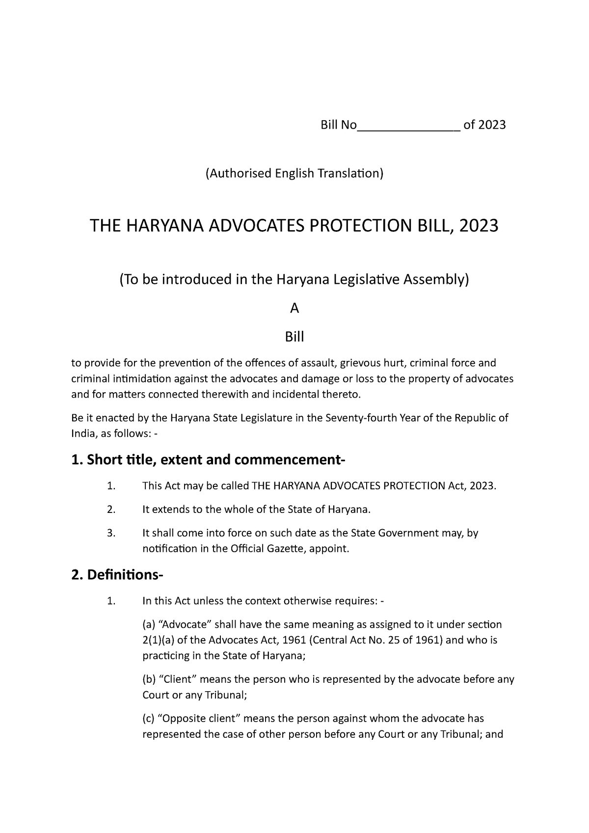 Bill Haryana Advocates Protection 2023 Draft Bill No