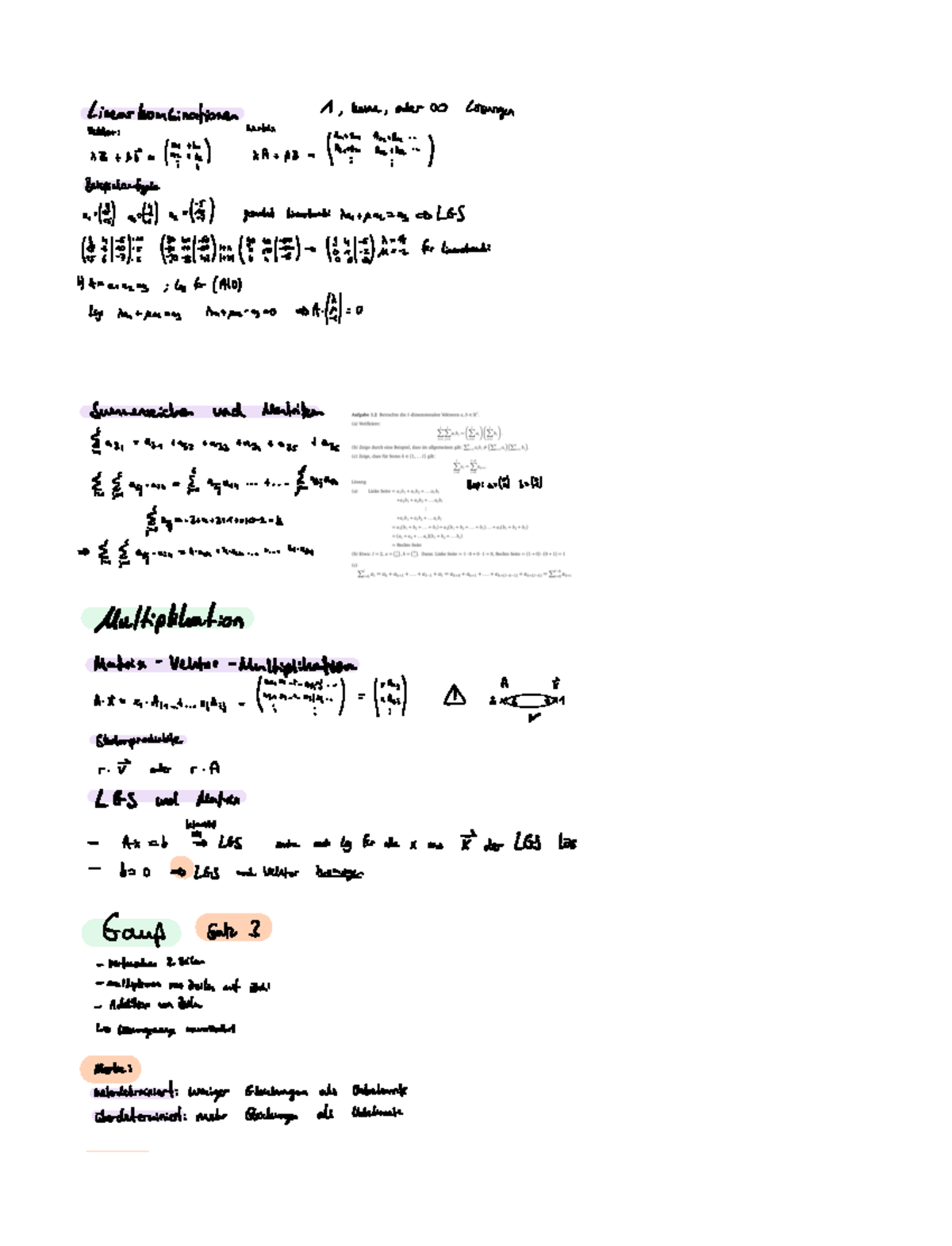 Mathe B Lernzettel - 1 Keine Oder N Lösungen Linearkombinationen Entor ...