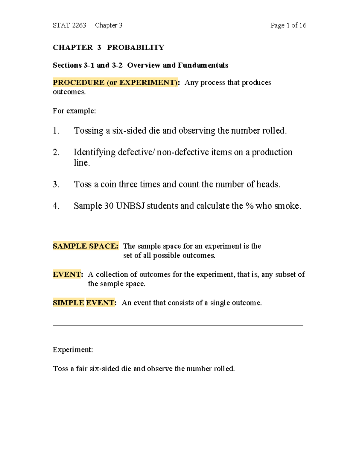 Chapter 3 - Lecture Notes 3 - CHAPTER 3 PROBABILITY Sections 3-1 And 3 ...