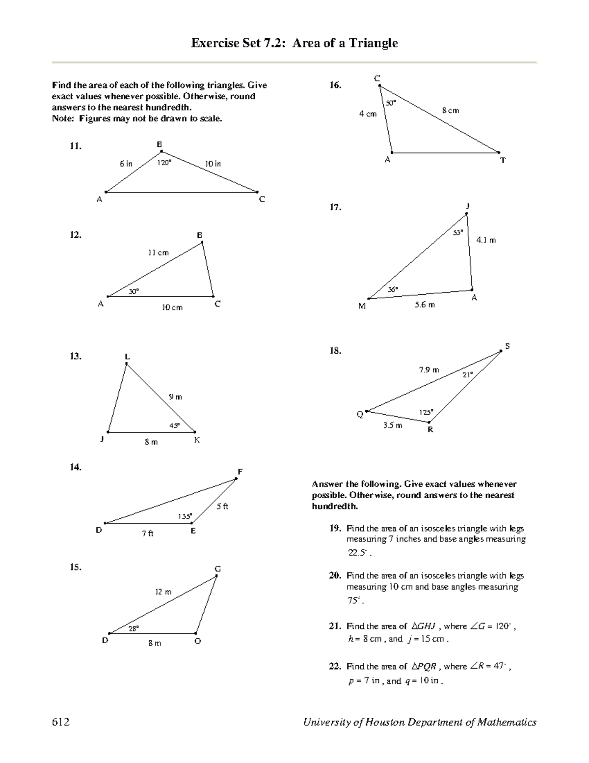 Area of Triangle Problems - Exercise Set 7: Area of a Triangle 612 ...