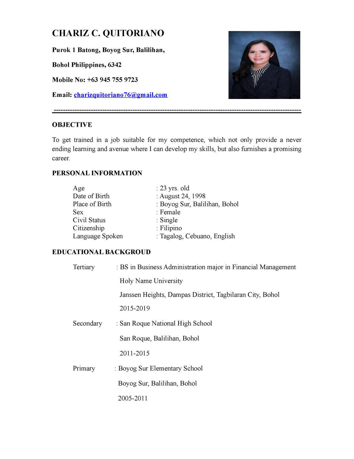 Updated Resume - Chariz Quitoriano - CHARIZ C. QUITORIANO Purok 1 ...