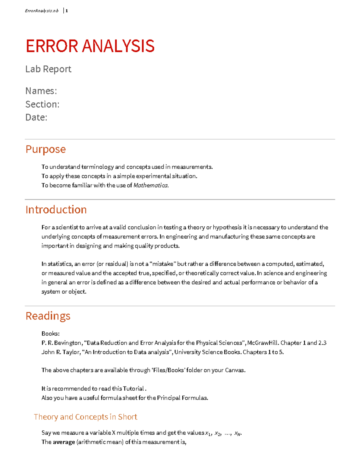 Error Analysis - ERROR ANALYSIS Lab Report Names: Section: Date ...