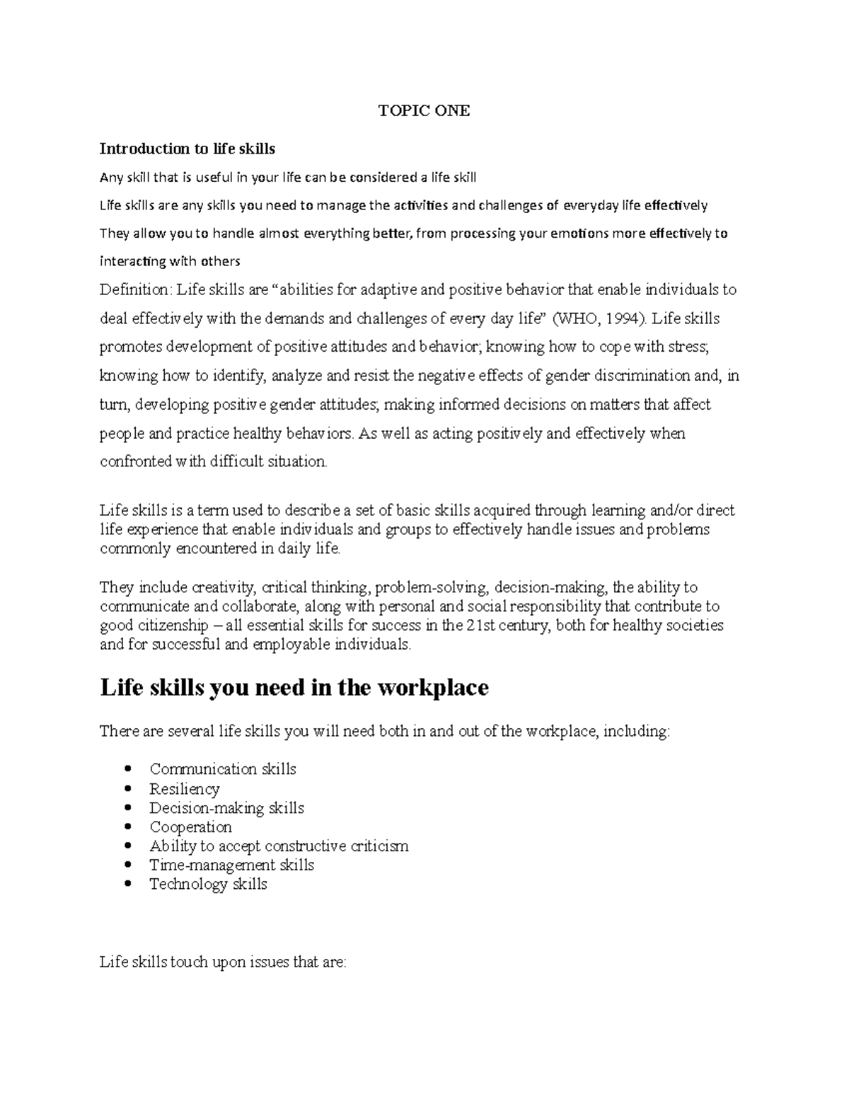 Marketing notes - TOPIC ONE Introduction to life skills Any skill that ...