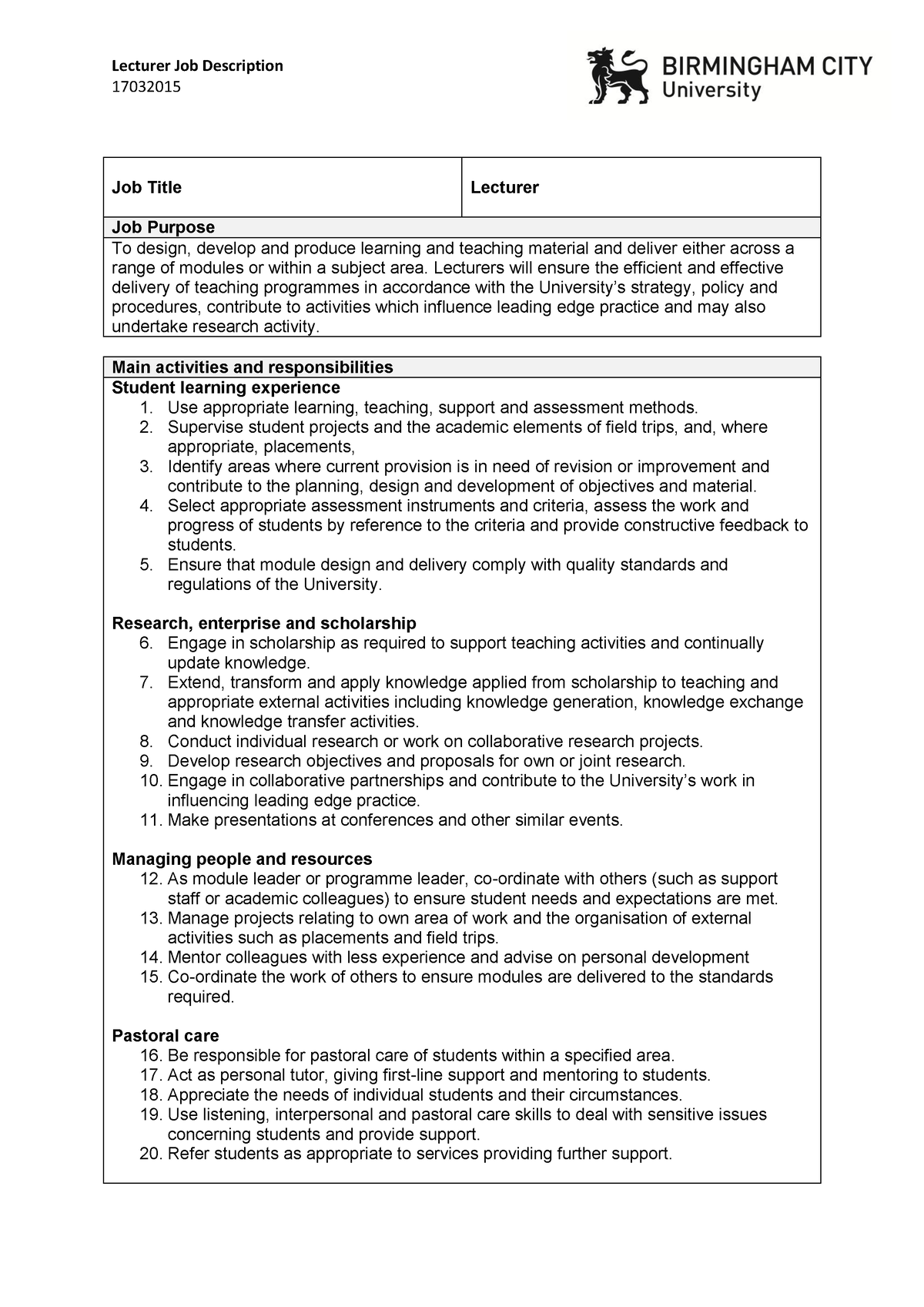 sample job description pearson education
