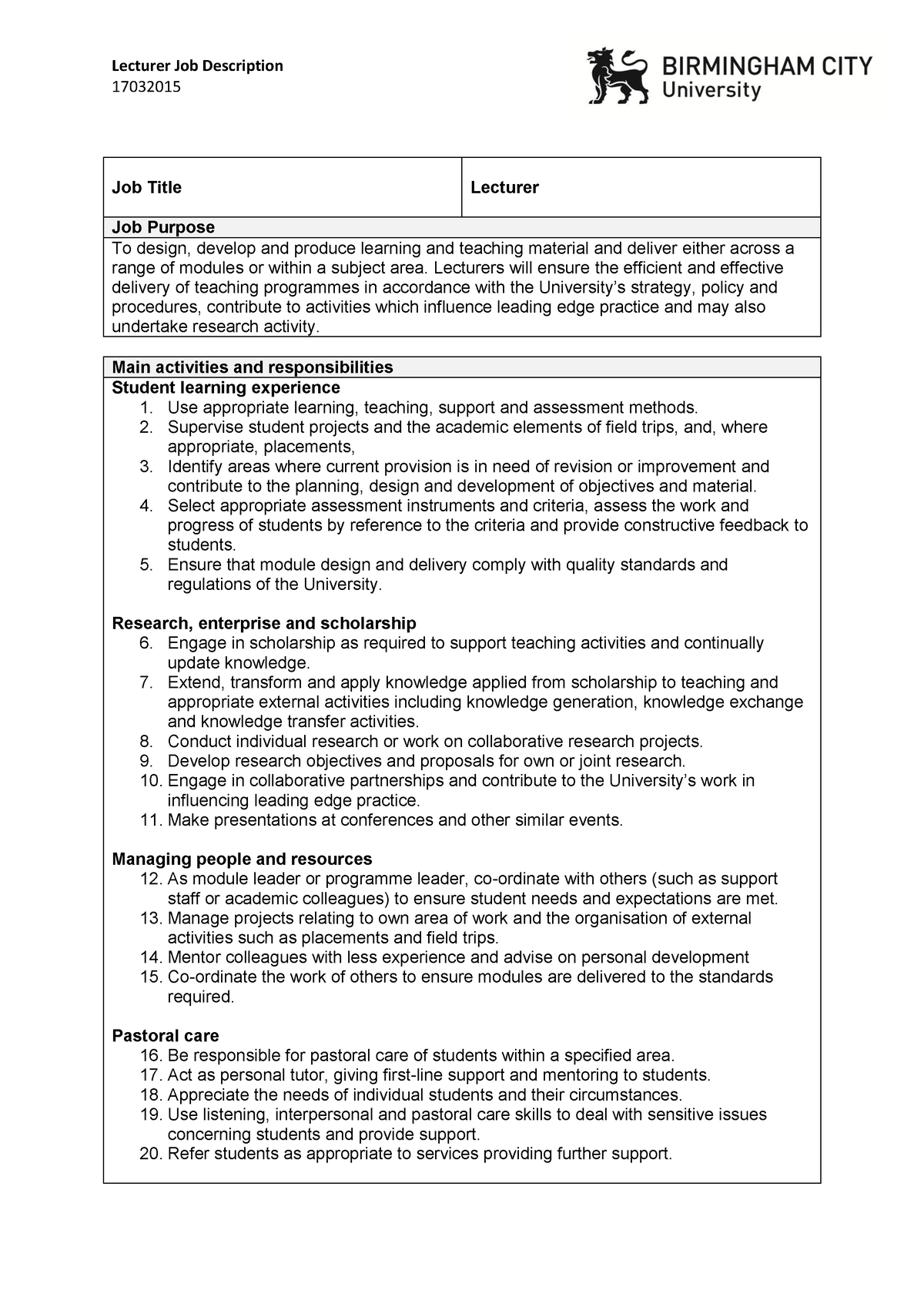 Sample Of Job Description Of A Lecturer 17032015 Job Title Lecturer 