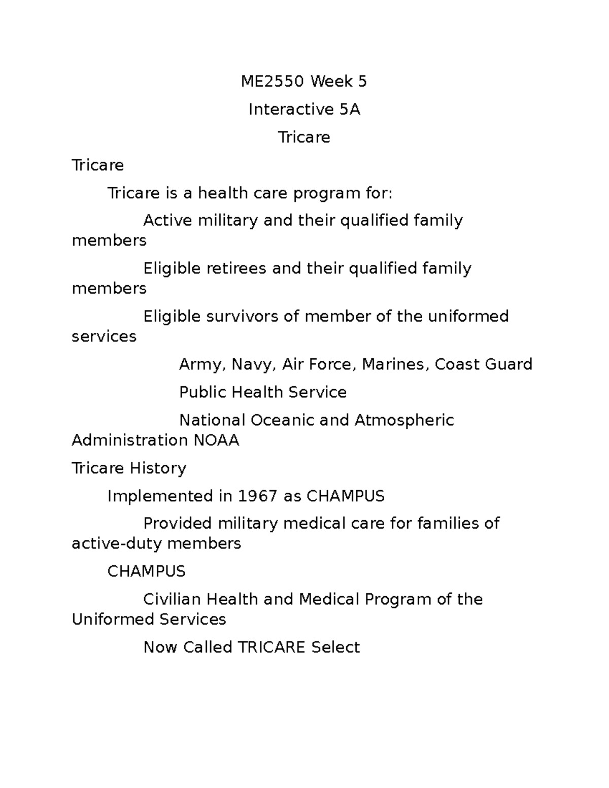 Interactive 5A - PowerPoint - ME2550 Week 5 Interactive 5A Tricare ...