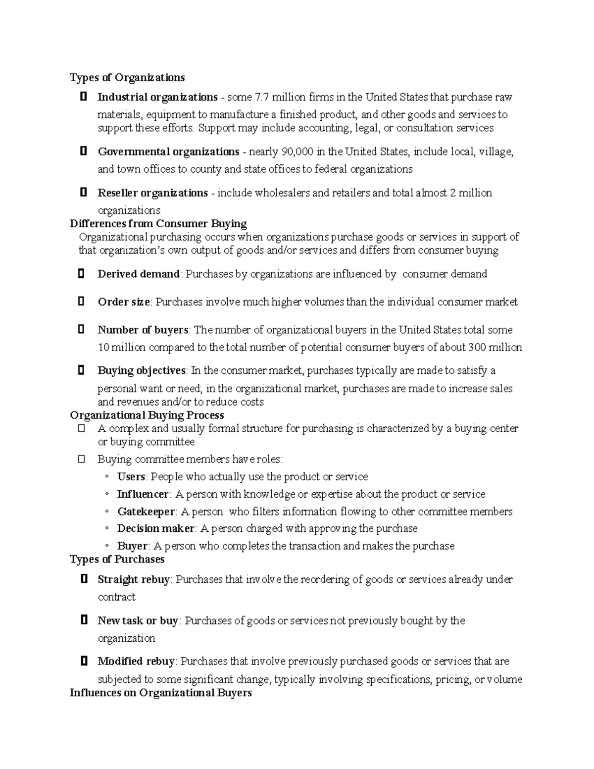 MKT315- Ch. 3 Notes - Types Of Organizations ฀ Industrial Organizations ...