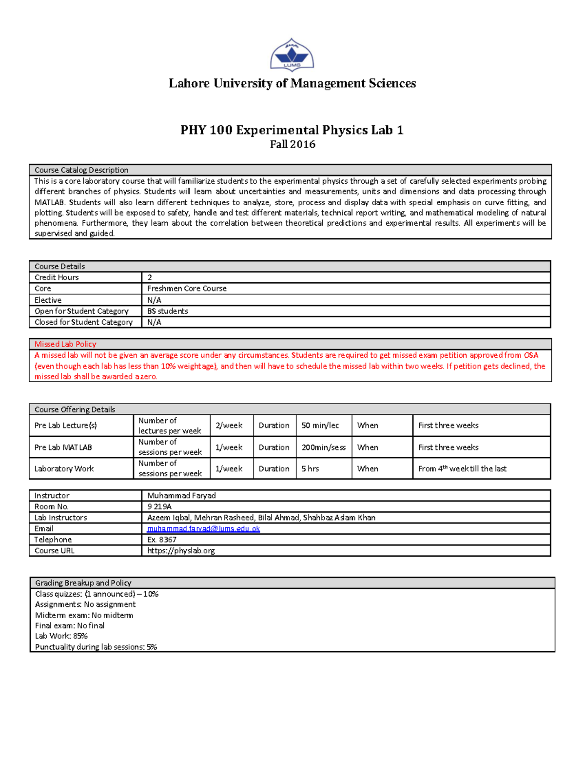 PHY100-OBE+Course+Outline-Fall+2016 - Lahore University of Management ...