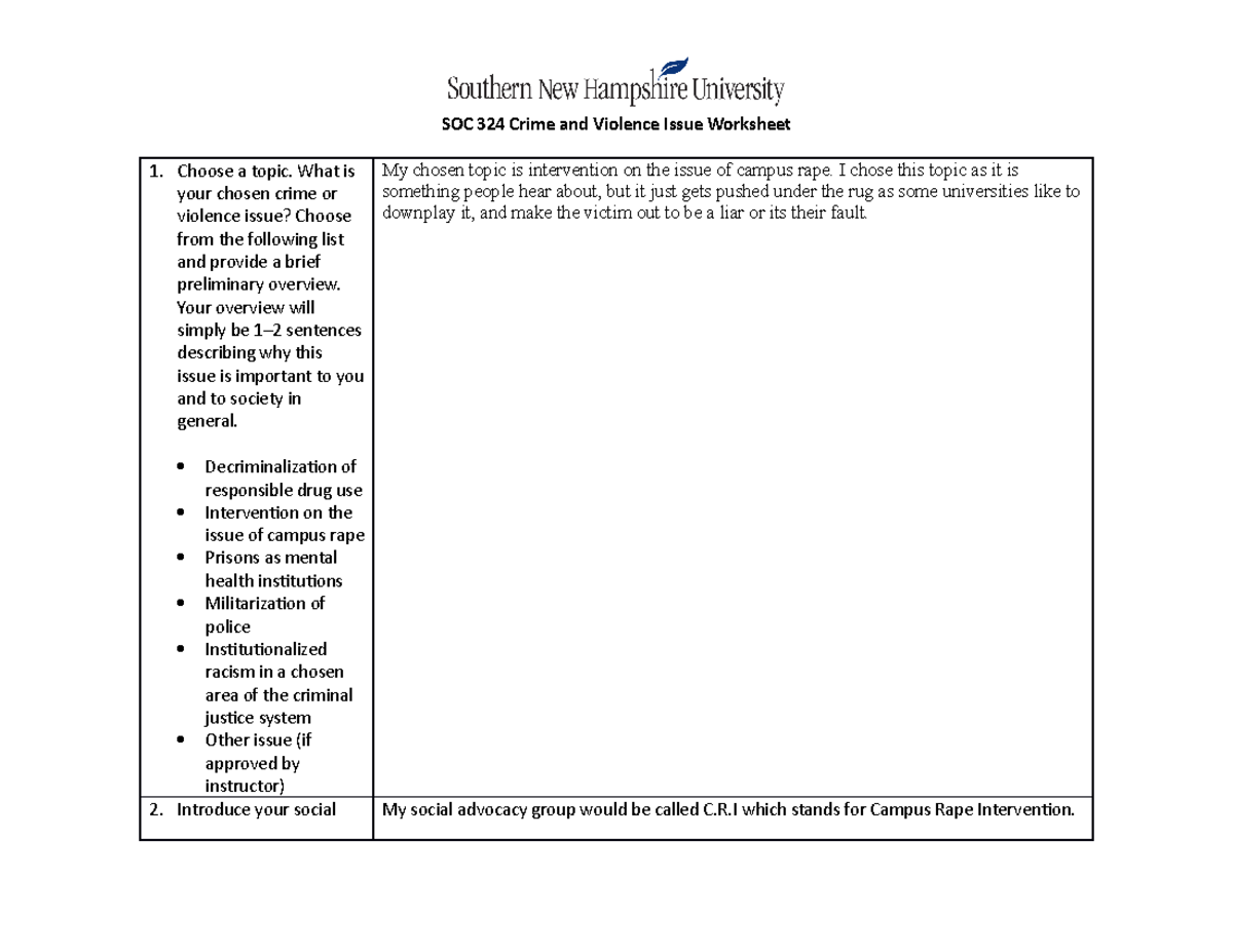 Soc324 crime and violence issue worksheet - SOC 324 Crime and Violence ...