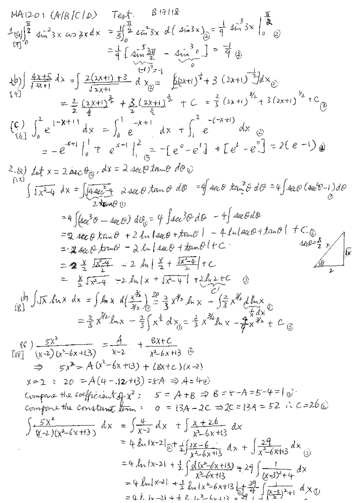 Midterm Sol 2018 Ma1201 A B C D Test B 17 18 Ii 101 Ii 2 Sin 3x