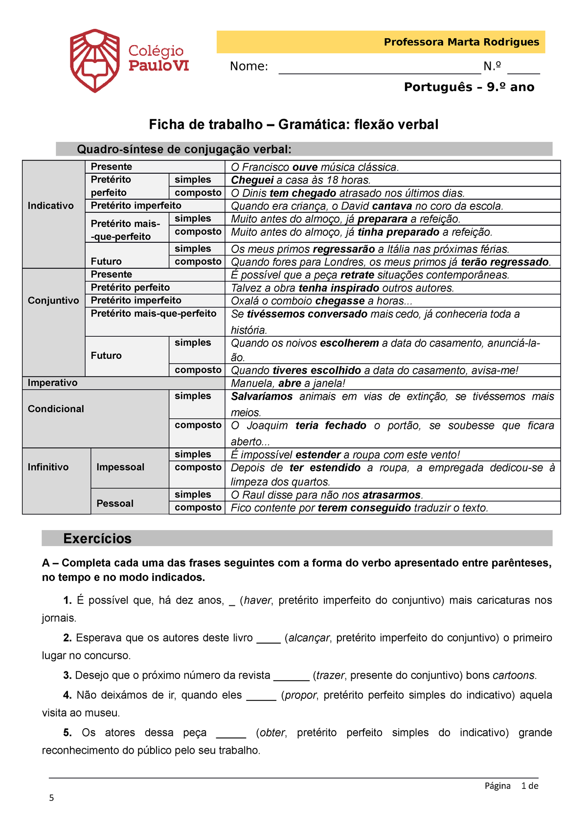 Ficha De Trabalho Gram Tica Flex O Verbal Verbos Ficha De Trabalho Gram Tica Flex O