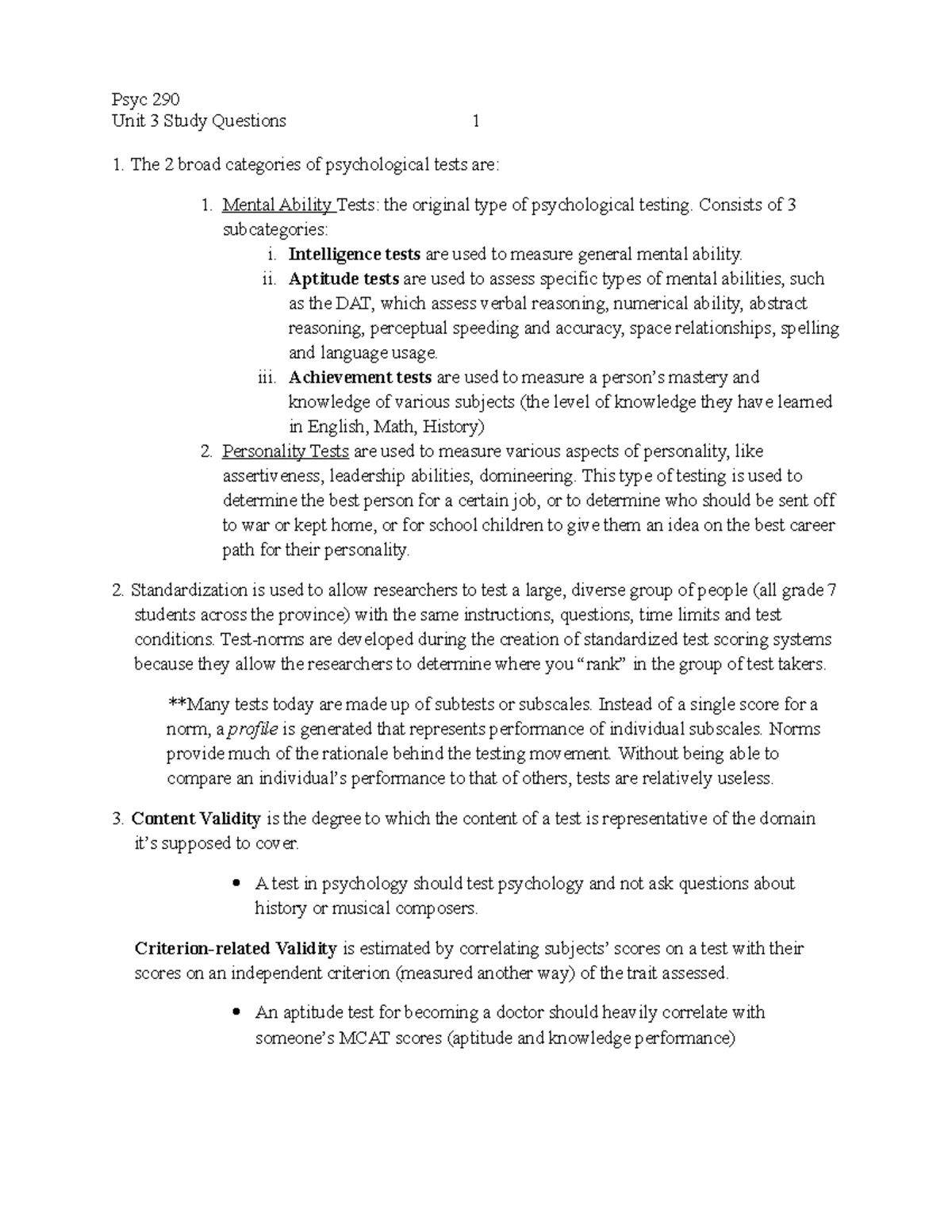 Unit 3 Study Questions - Unit 3 Study Questions 1 The 2 broad ...