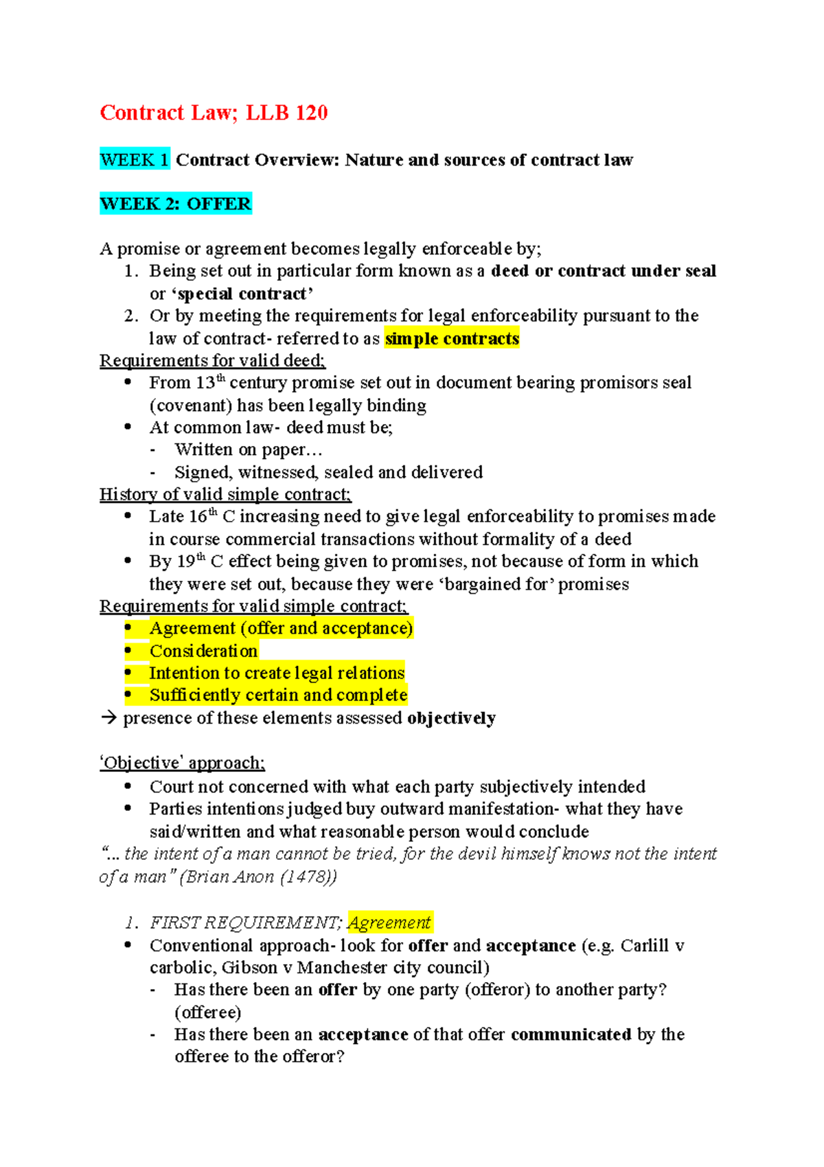 Contract Law LLB120 notes - Contract Law; LLB 120 WEEK 1 Contract ...