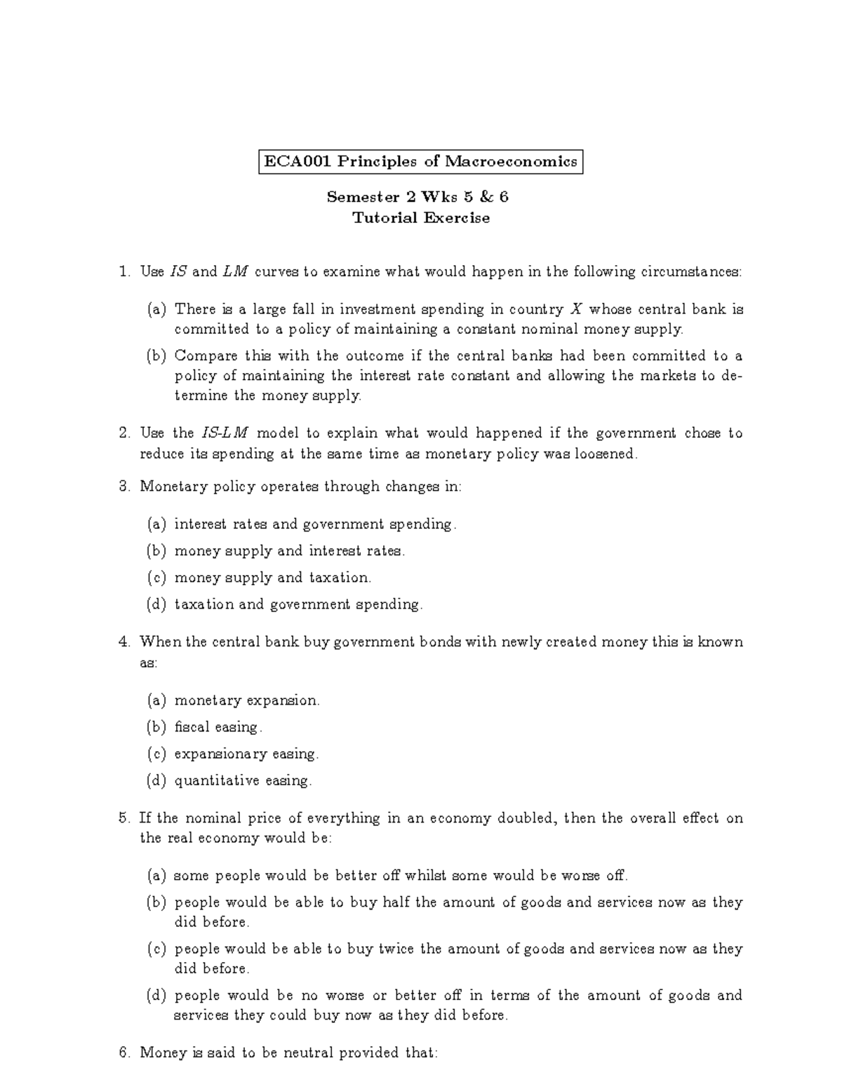 Semester 2 Tutorial Week 5 And 6 - ECA001 Principles Of Macroeconomics ...