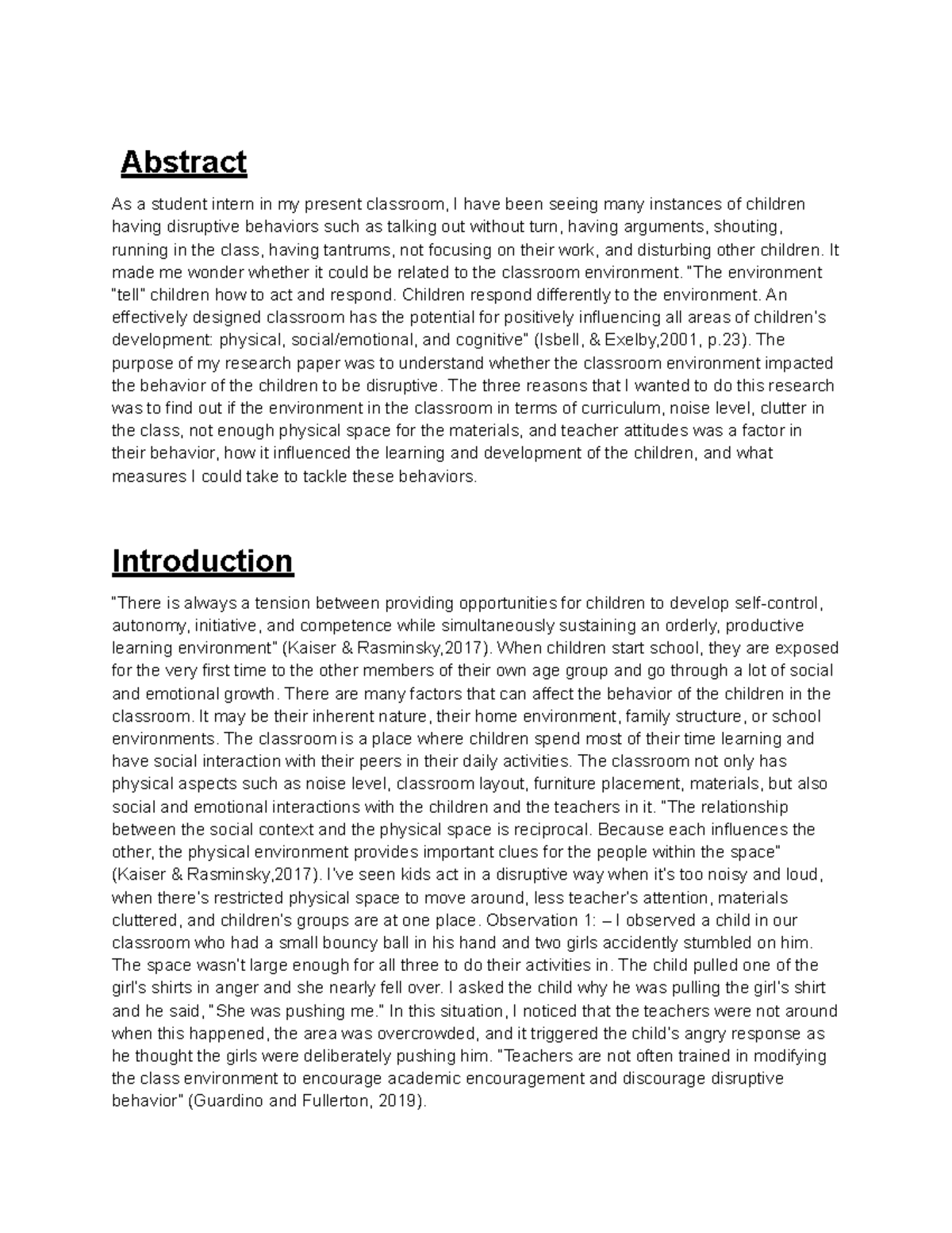 Does the Classroom Environment Impact the Behavior of the Children