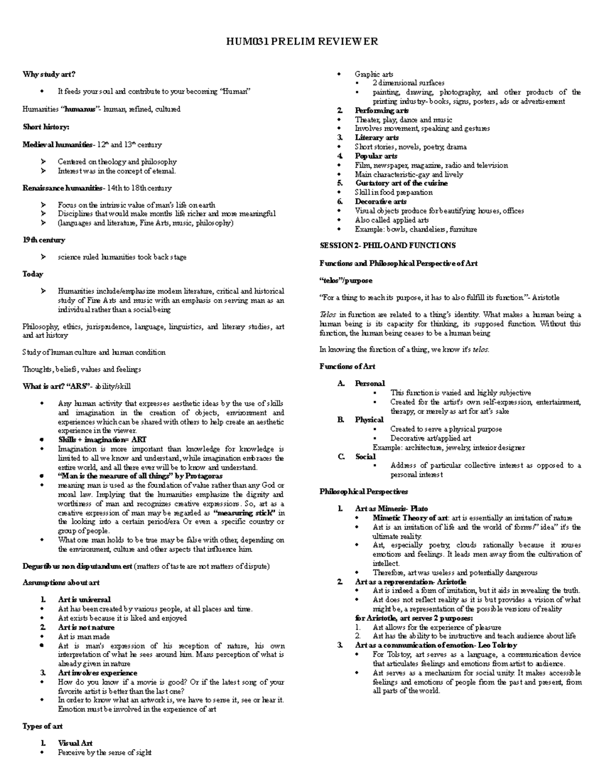 HUM031 - Why study art? - HUM031 PRELIM REVIEWER Why study art? It ...