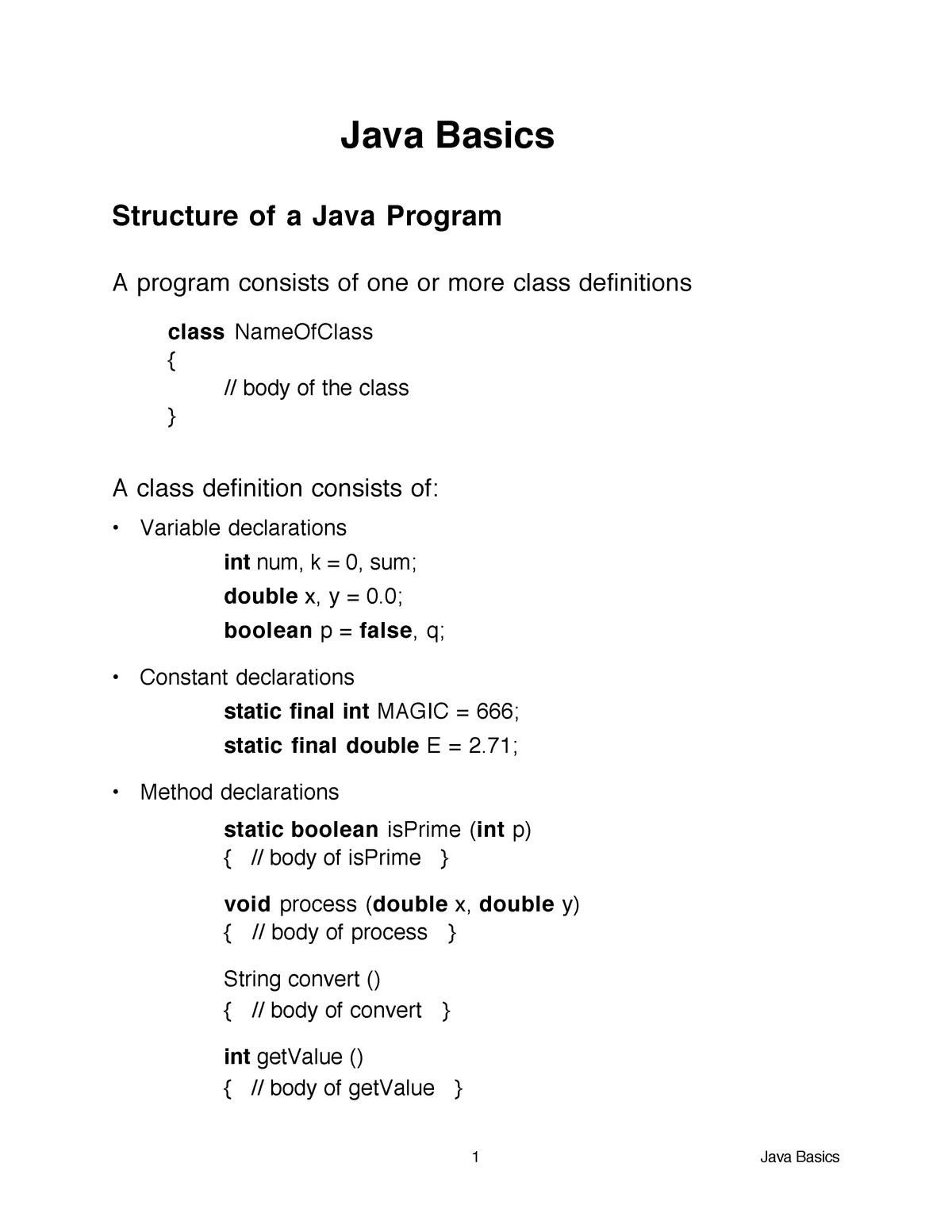 Java Basics Introduction To Java Java Basics Structure Of A Java Program A Program Consists 8698