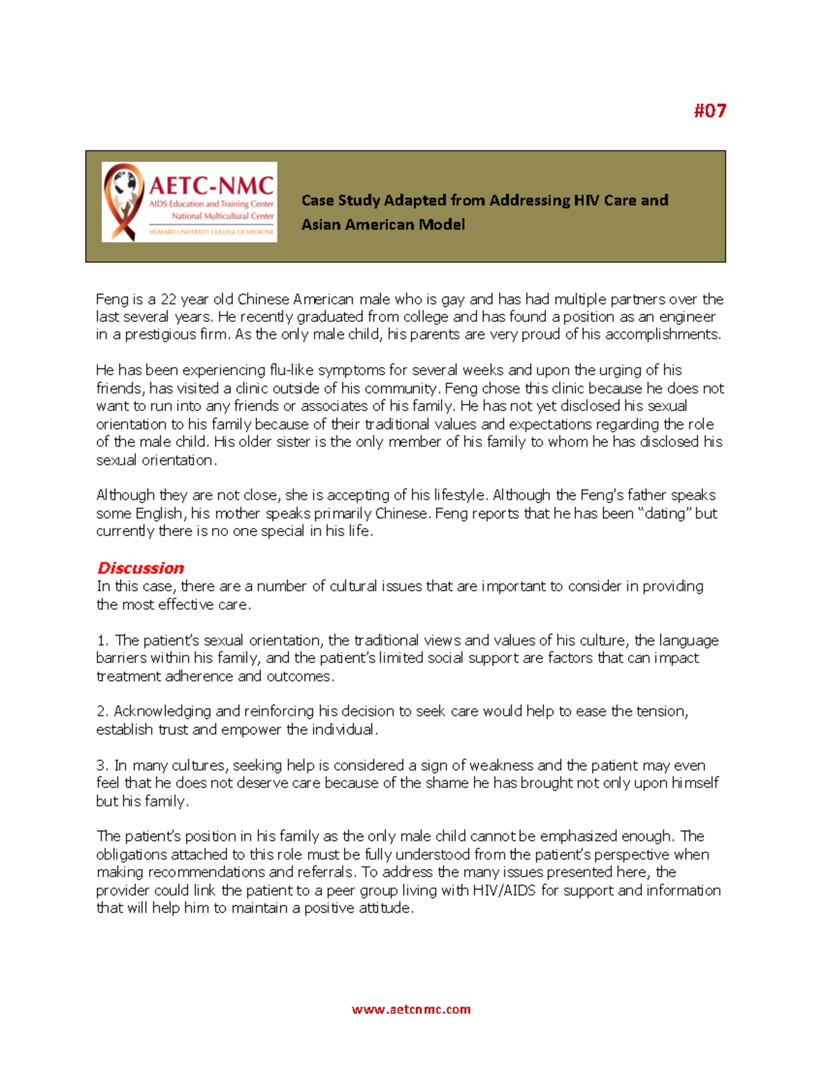 Case-study-7 - Summary Social Work - aetcnmc Feng is a 22 year old ...