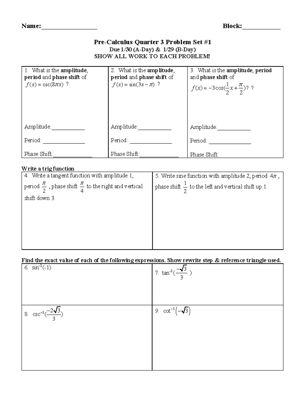 Q3Problem Set 1 - Name:________________ Block:___________ Pre-Calculus ...