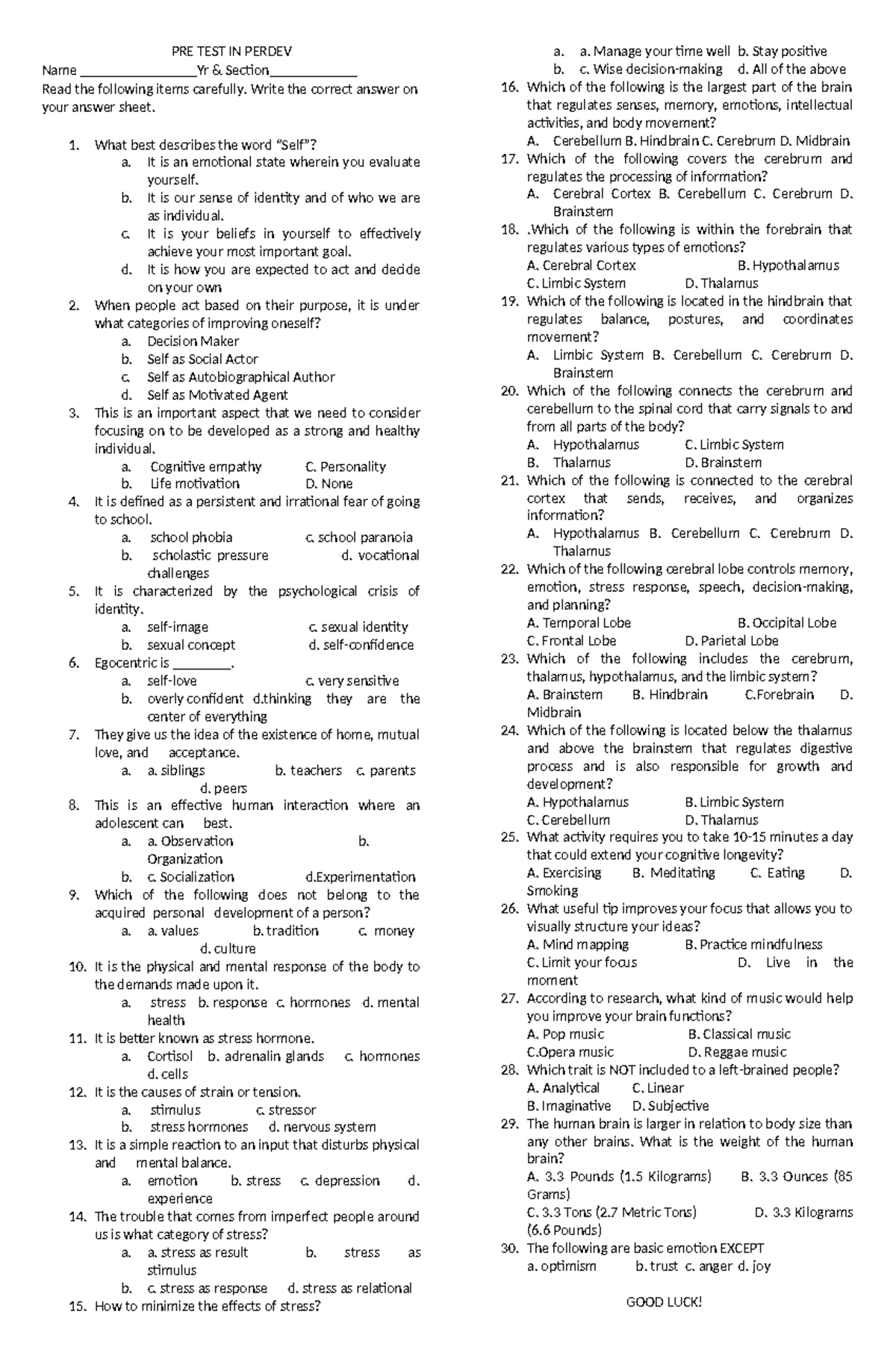 PRE-TEST IN Perdev 2024-25 - PRE TEST IN PERDEV Name ____Yr & Section ...
