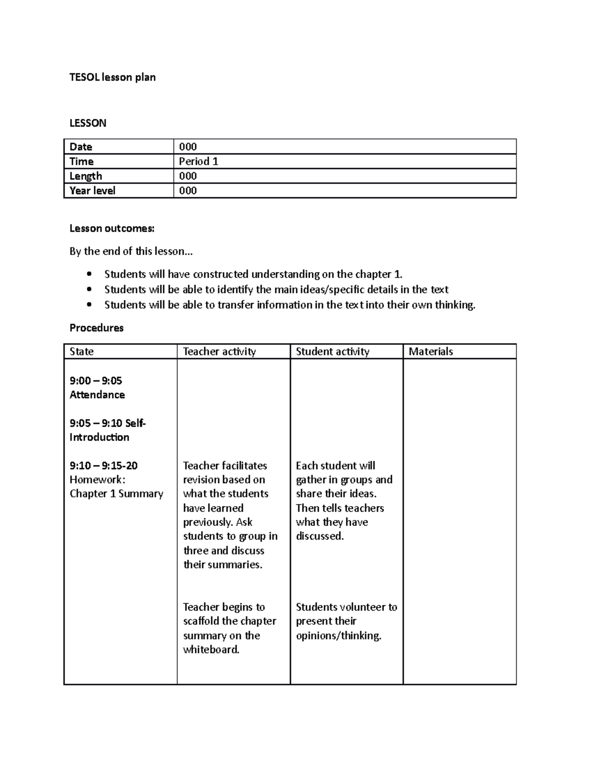 Tesol lesson plan TESOL lesson plan LESSON Date 000 Time Period 1