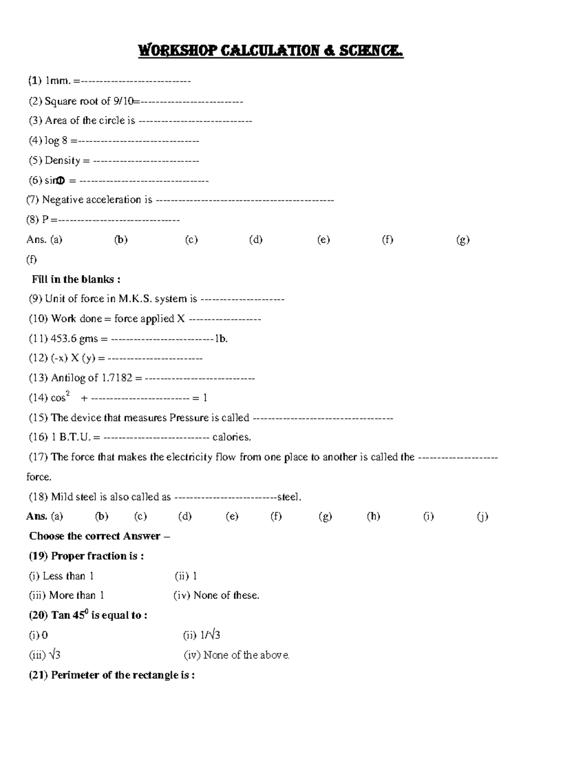 Workshop-Cal.-Sc - I want mcq. - WORKSHOP CALCULATION & SCIENCE. (1 ...