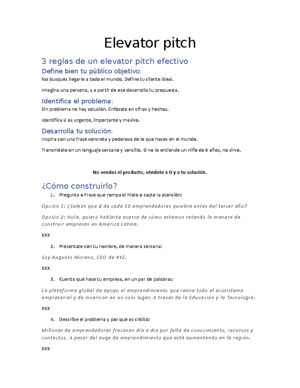 Nombre de la Empresa Elevator pitch 3 reglas de un elevator pitch