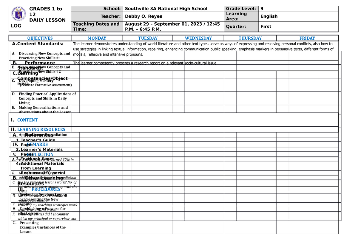 Dll- Template - Daily Lesson Log For Public School Teachers - Grades 1 