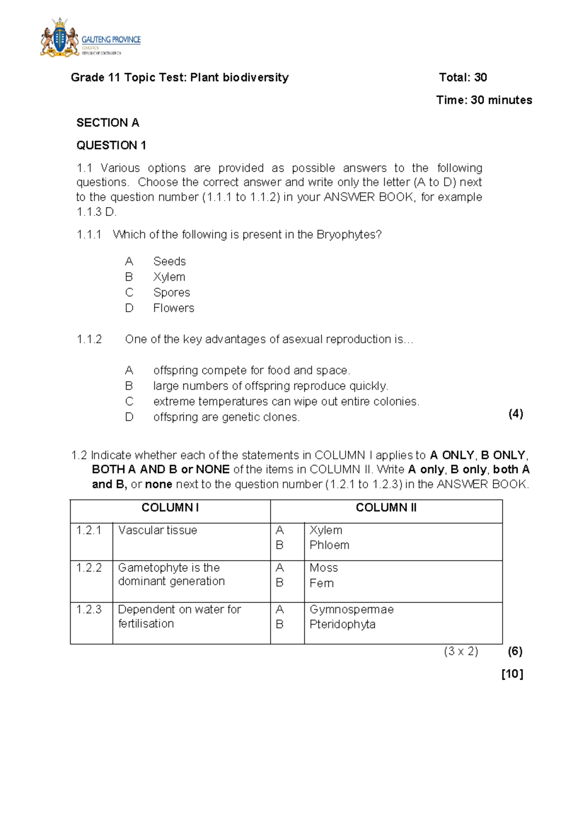 Gr.11 Topic Test Plant Biodiversity - Choose the correct answer and ...