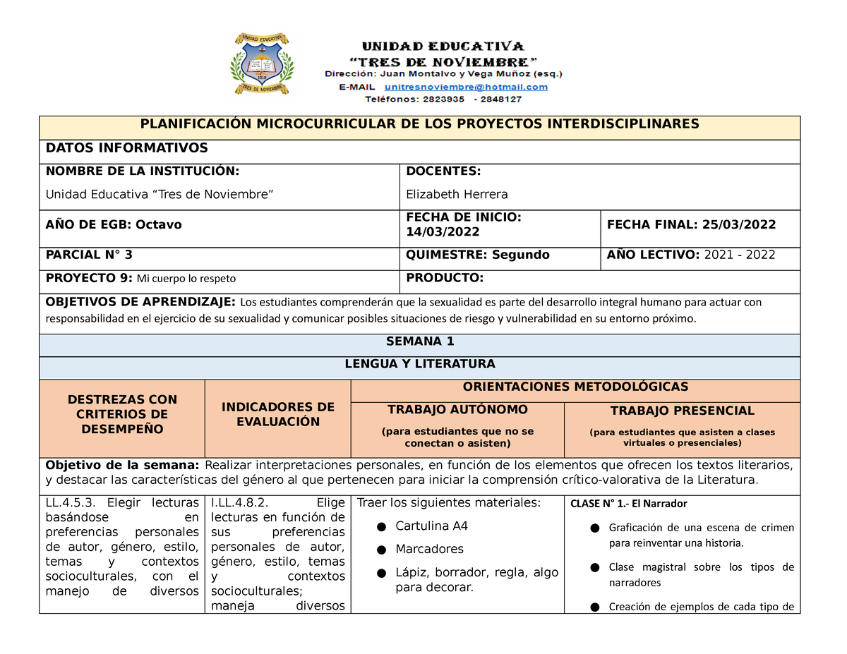 8vo Proyecto 9 Matutina - PLANIFICACIÓN MICROCURRICULAR DE LOS ...