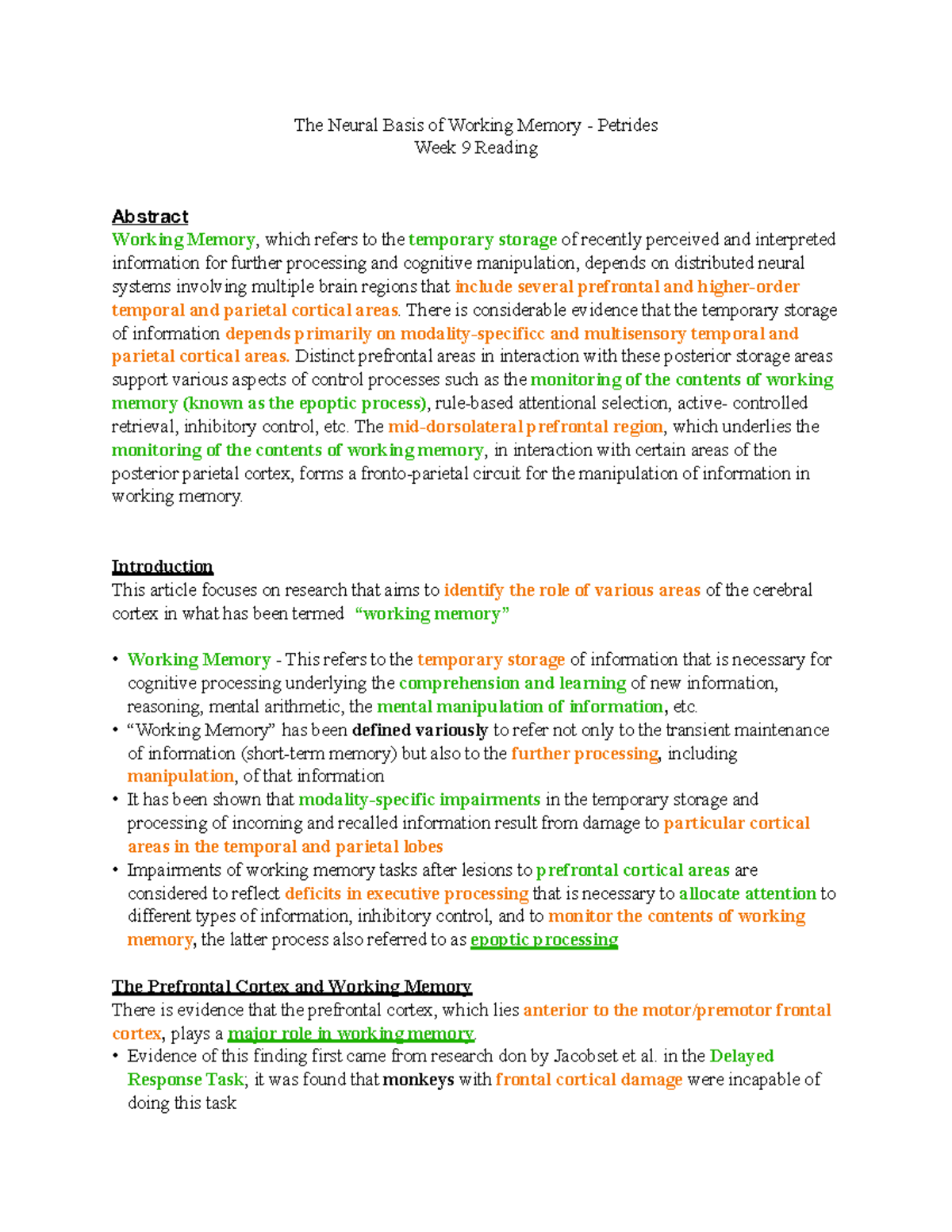 Petrides Working Memory Notes - The Neural Basis of Working Memory ...