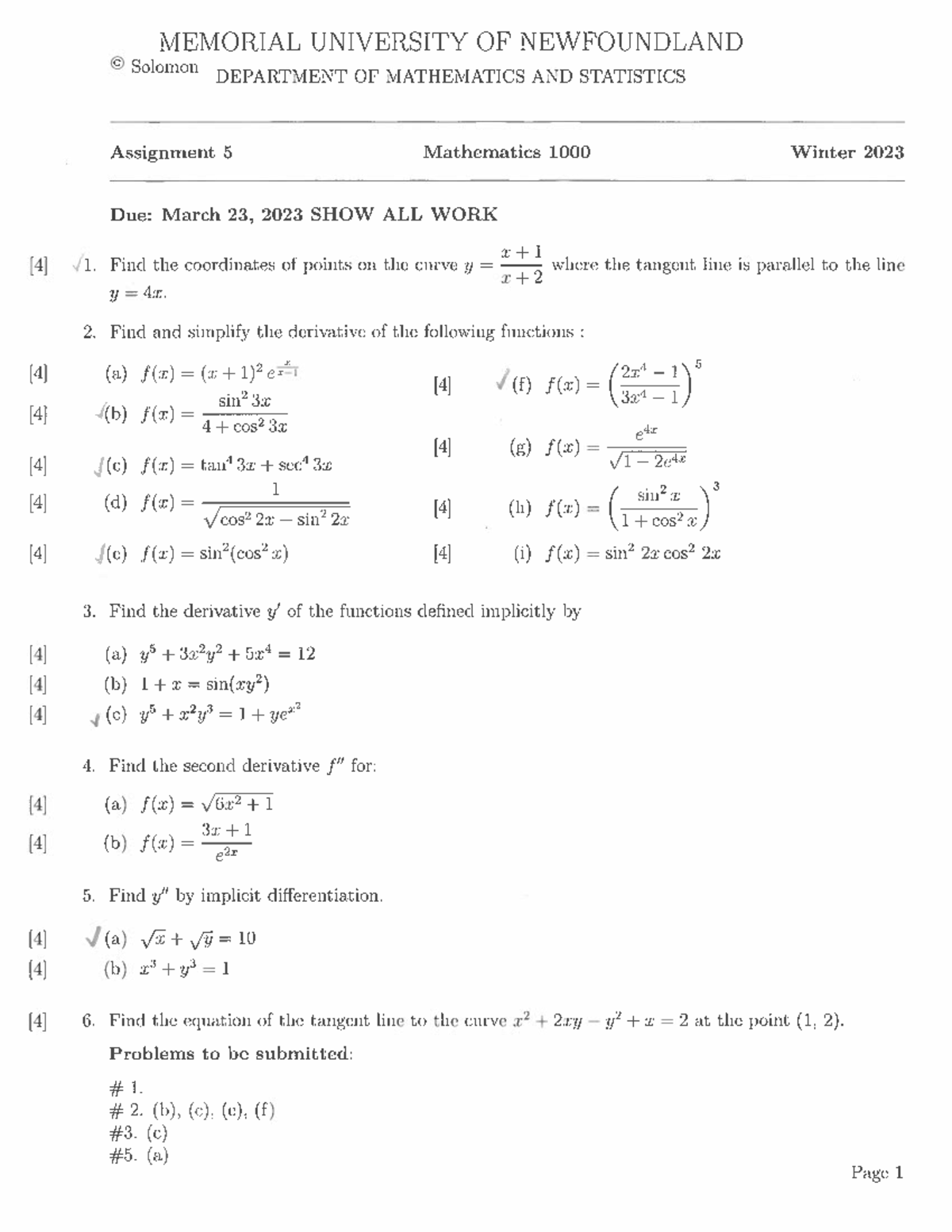 Assn5sol W23 - MATH 1000 ASSIGNMENT - Math 1000 - Studocu