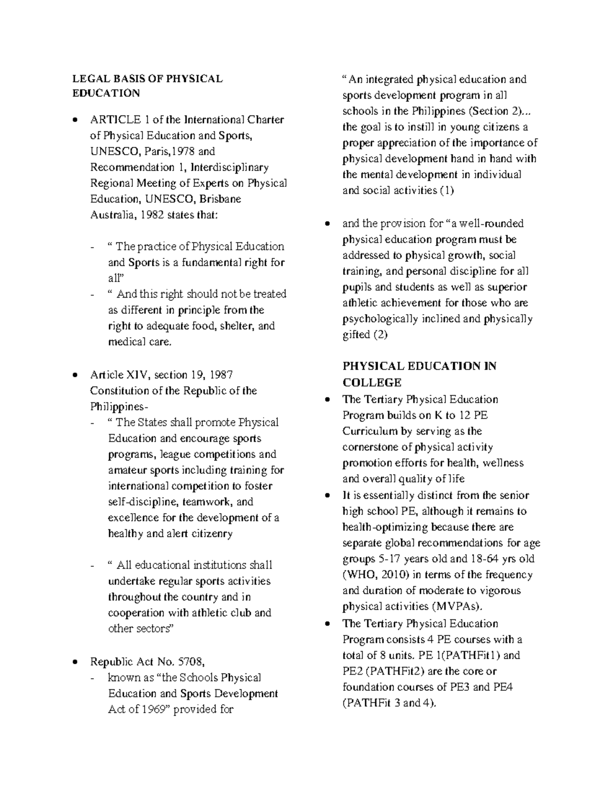 PE- Reviewer - LEGAL BASIS OF PHYSICAL EDUCATION ARTICLE 1 of the ...