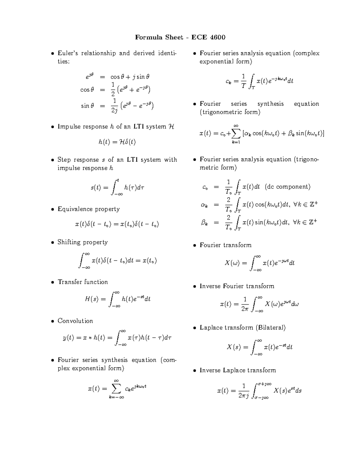 Formula Sheet ECE 4600 - Formula Sheet - ECE 4600 Euler’s relationship ...