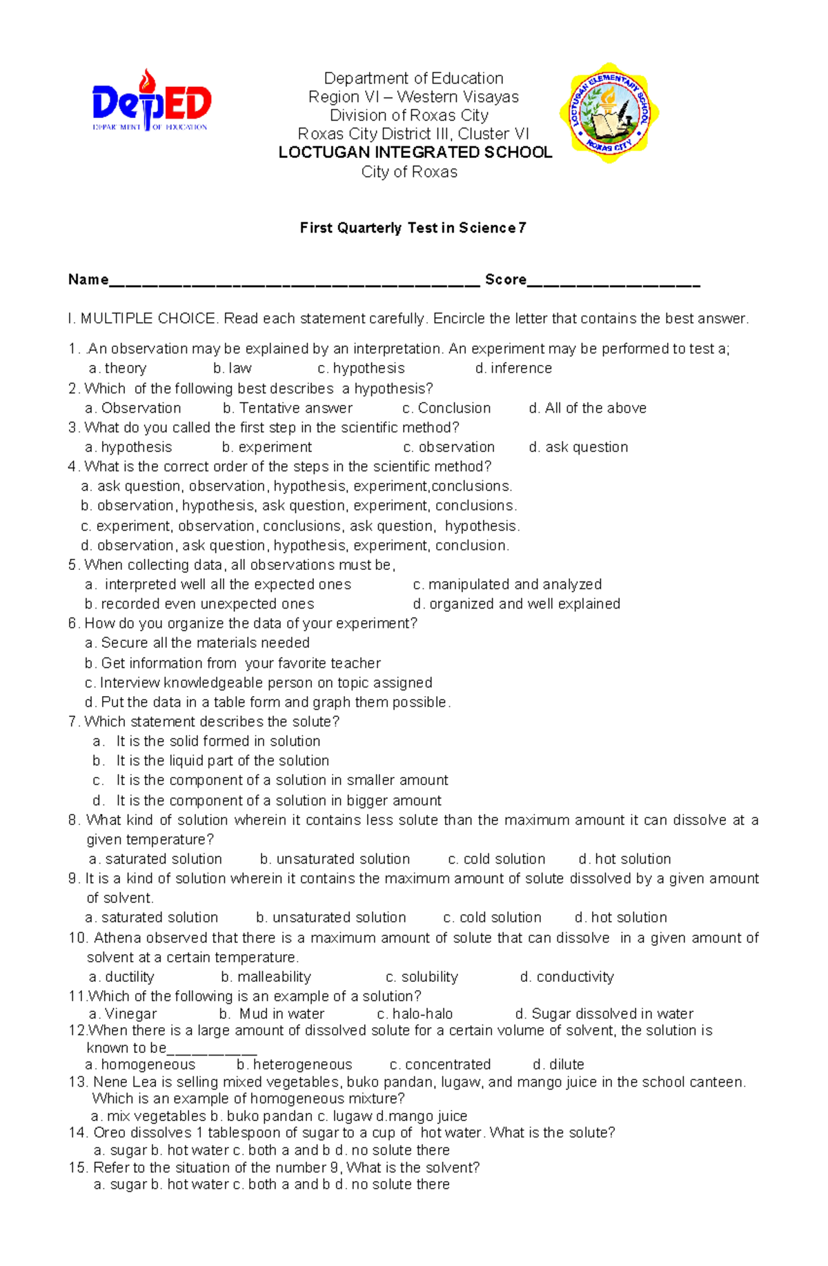 482058277 1st quarter exam in science 7 - Department of Education ...