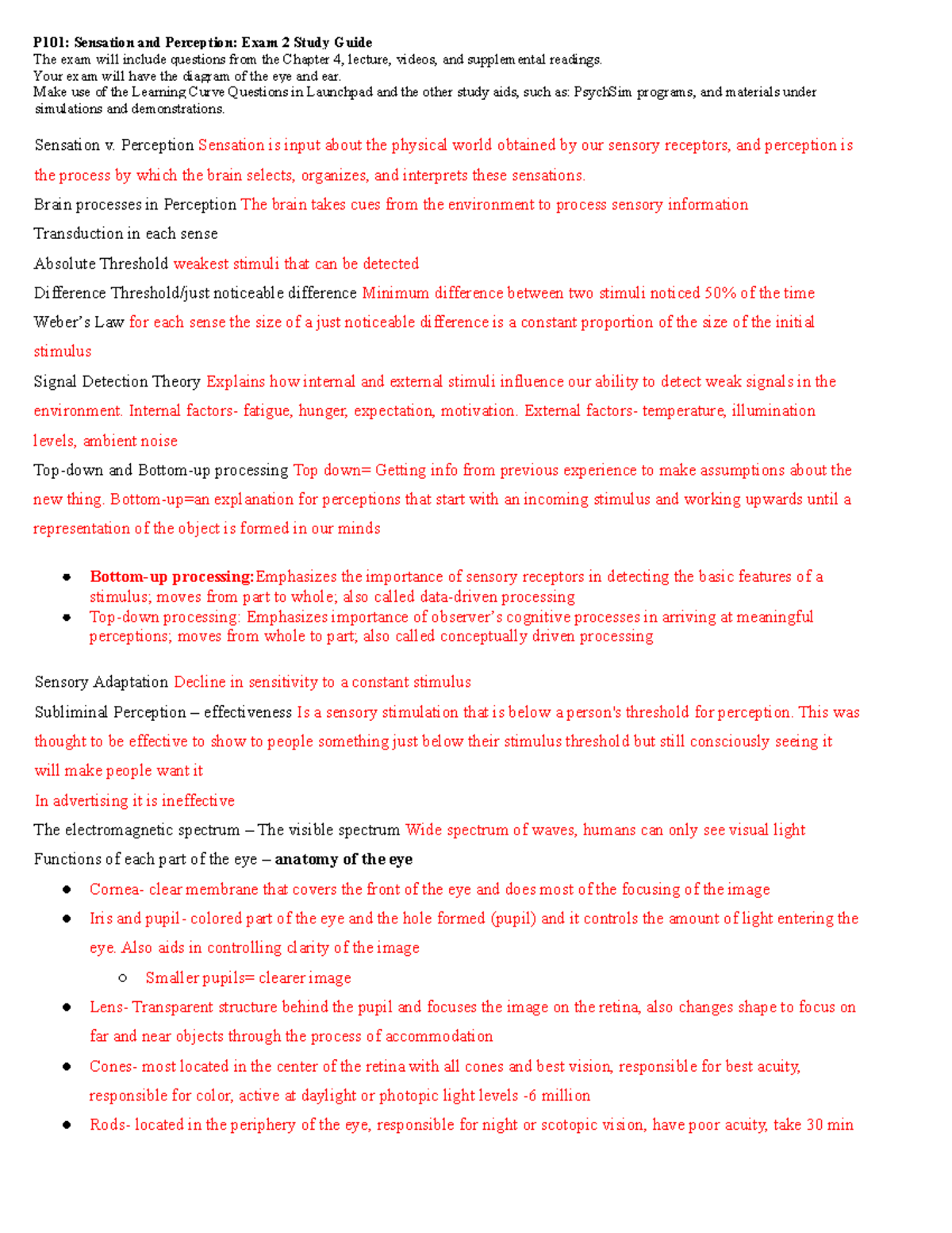 Exam 2 Study Guide SP 2021 - P101: Sensation and Perception: Exam 2 ...