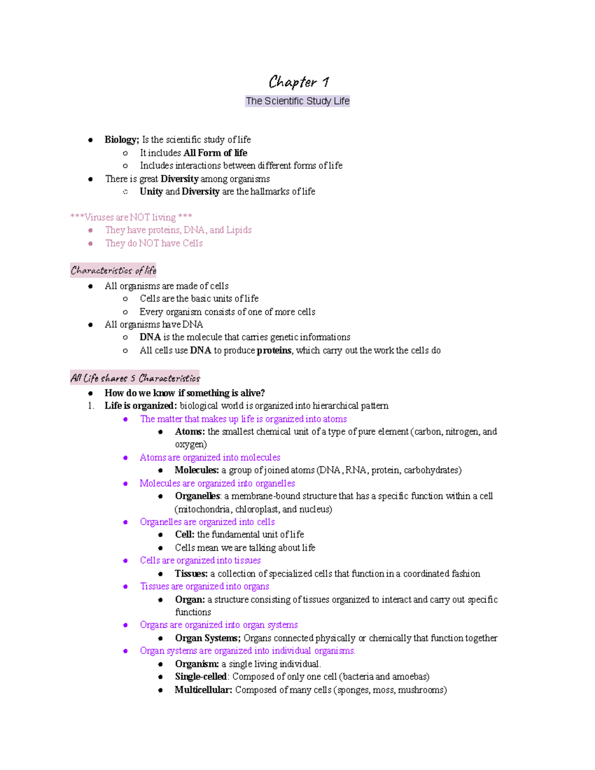 Chapter 1 - Lecture Notes - Char 1 The Scientific Study Life Biology ...