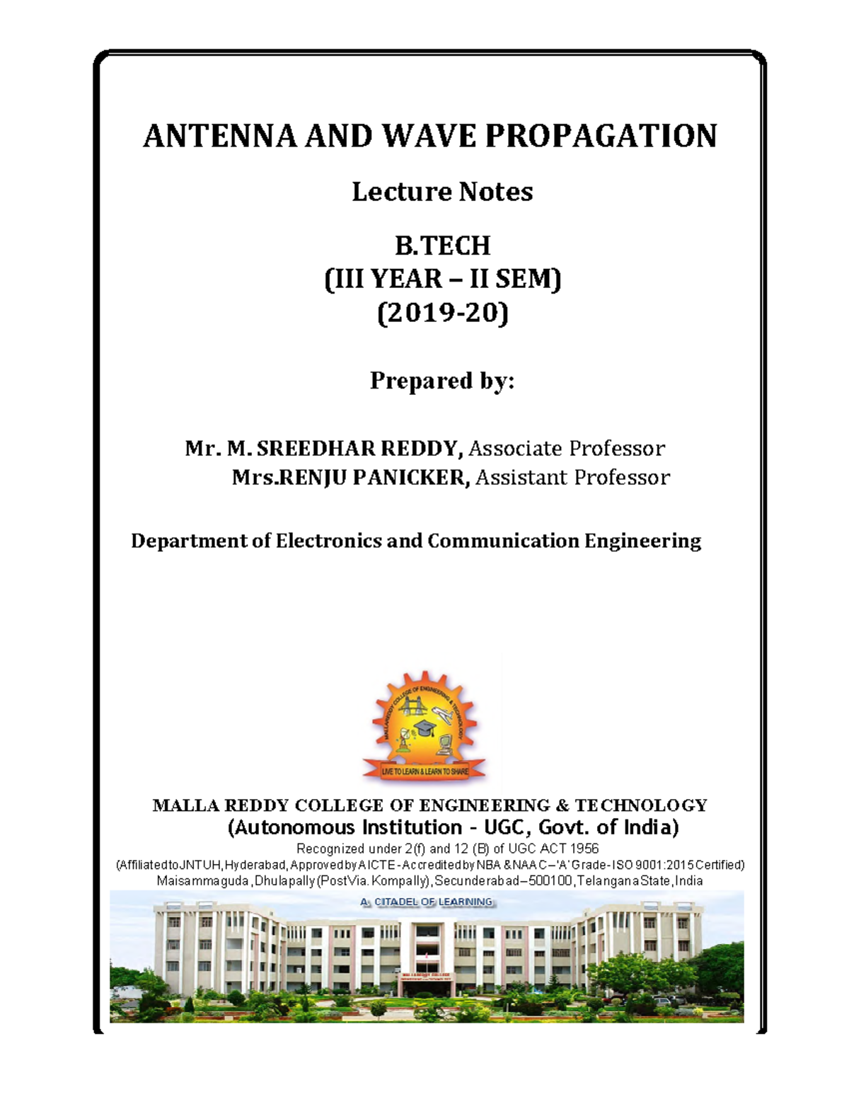 Antenna AND WAVE Propagations ANTENNA AND WAVE PROPAGATION Lecture Notes B (III YEAR II SEM