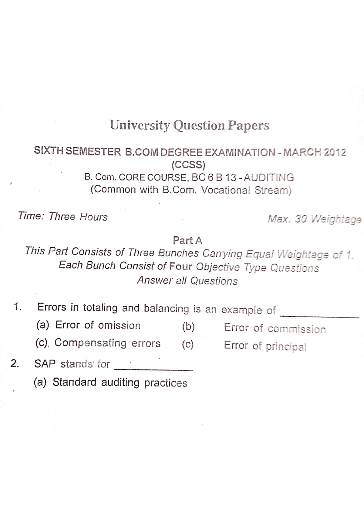 value education 6th sem b.com question paper